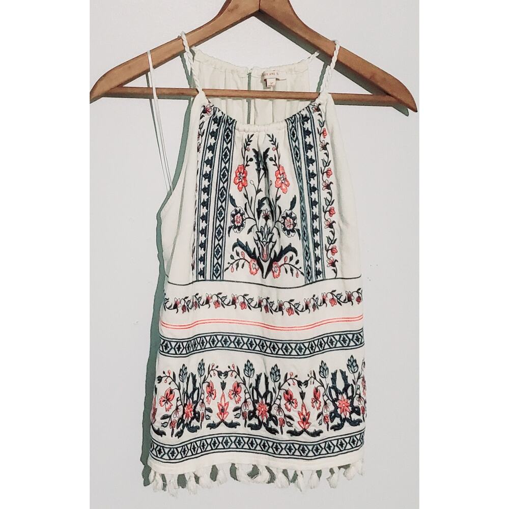 😺Skies are Blue White Embroidered Halter Tank Top Size Petite Small Boho Hippie